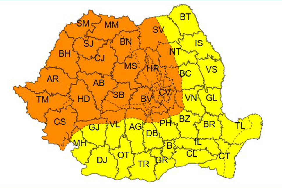 Narancssárga kód Erdélyben, sárga a hegyeken túl